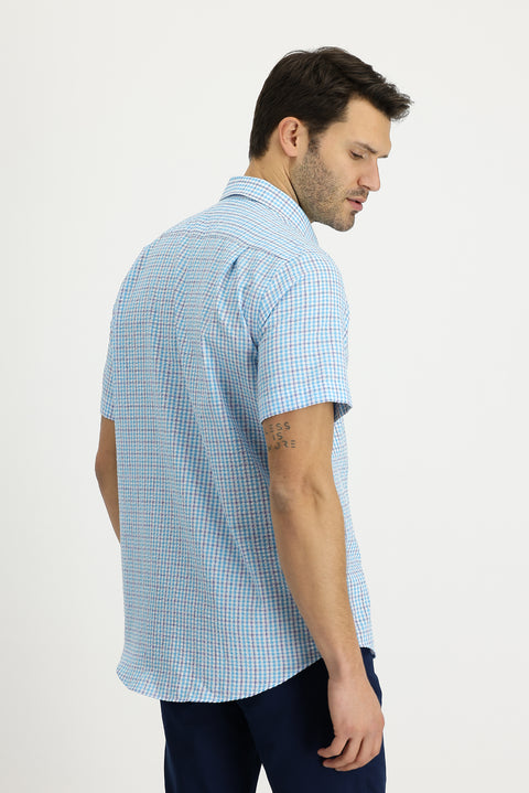Su Mavisi Kısa Kol Ekose Pamuklu Gömlek