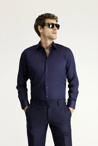  Koyu Lacivert Uzun Kol Slim Fit Dar Kesim Klasik Pamuk Gömlek