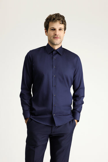Koyu Lacivert Uzun Kol Slim Fit Dar Kesim Klasik Pamuk Gömlek