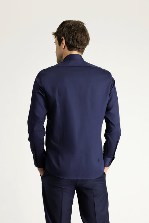 Koyu Lacivert Uzun Kol Slim Fit Dar Kesim Klasik Su İtici Leke Tutmaz 4 Mevsim Pamuk Gömlek