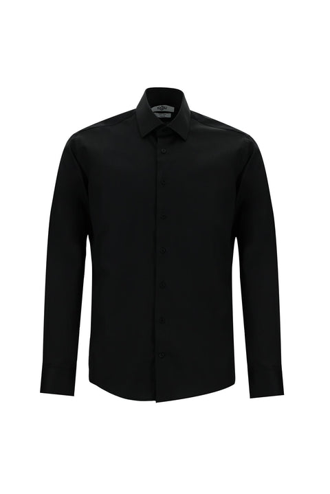Siyah Uzun Kol Slim Fit Dar Kesim Klasik Nano Care Su İtici Leke Tutmaz 4 Mevsim Pamuk Gömlek