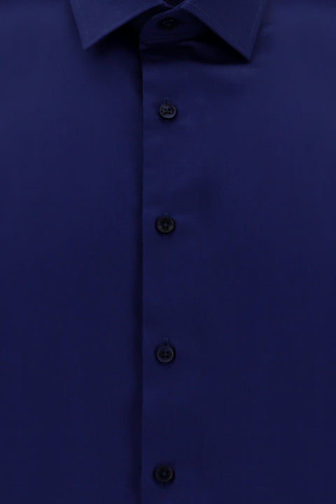Orta Lacivert Uzun Kol Slim Fit Dar Kesim Non Iron Saten Pamuklu Gömlek