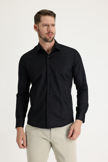 Siyah Uzun Kol Slim Fit Dar Kesim Non Iron Pamuklu Gömlek
