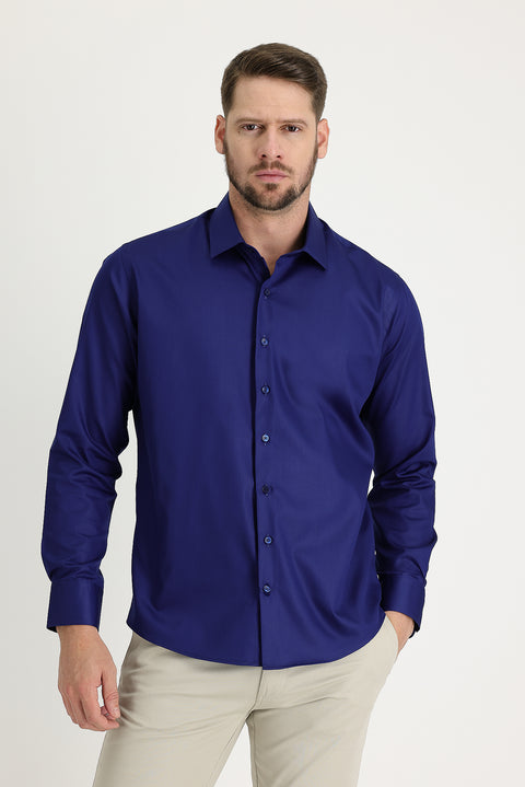 Orta Lacivert Uzun Kol Slim Fit Dar Kesim Non Iron Pamuklu Gömlek