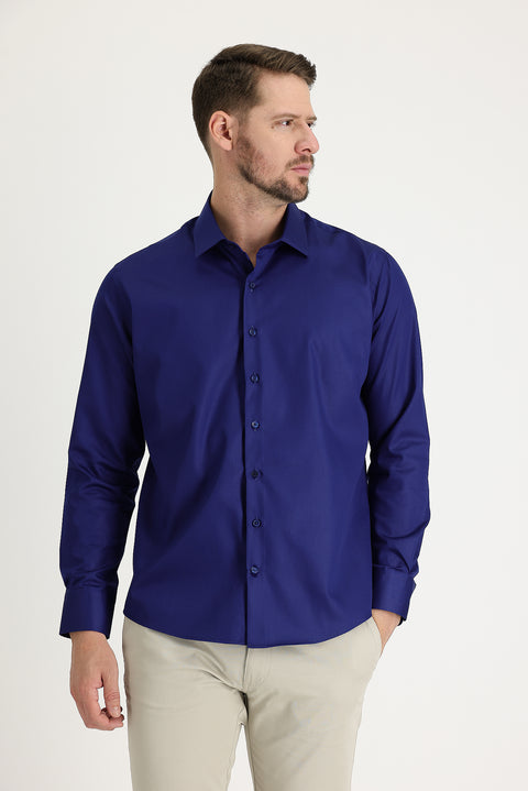 Orta Lacivert Uzun Kol Slim Fit Dar Kesim Non Iron Pamuklu Gömlek