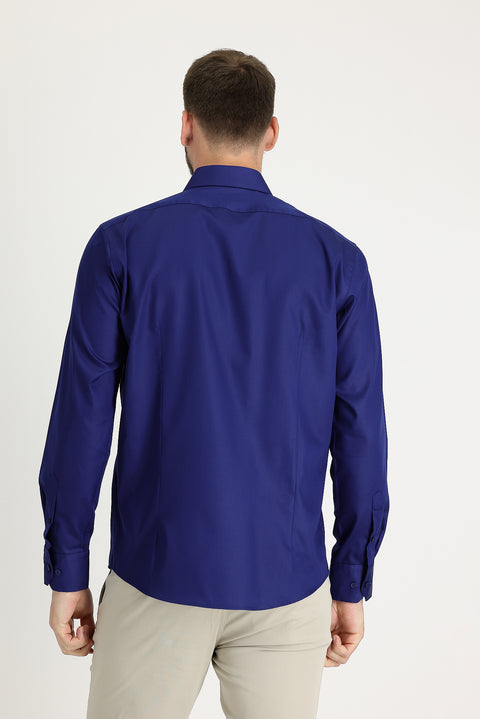 Orta Lacivert Uzun Kol Slim Fit Dar Kesim Non Iron Pamuklu Gömlek