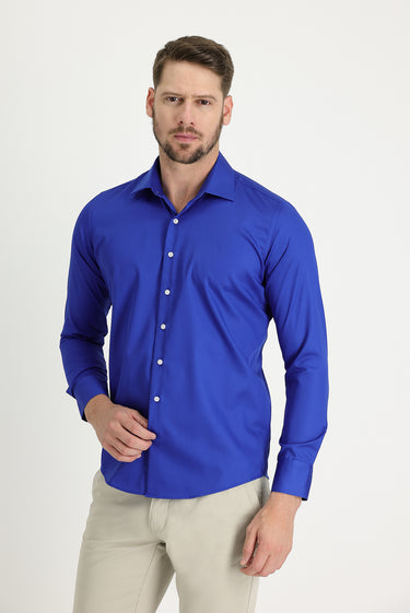 Saks Mavi Uzun Kol Slim Fit Dar Kesim Non Iron Pamuklu Gömlek