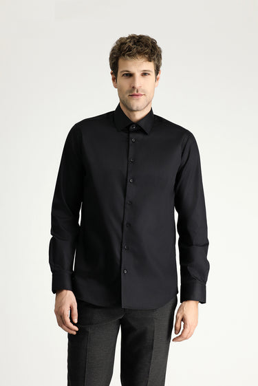 Siyah Uzun Kol Slim Fit Dar Kesim Non Iron Klasik Pamuklu Gömlek