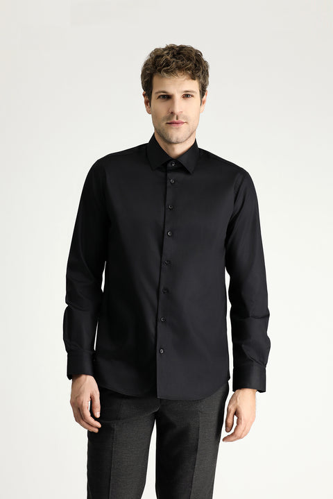 Siyah Uzun Kol Slim Fit Dar Kesim Non Iron Klasik Pamuklu Gömlek