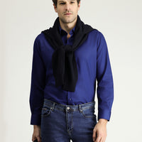 Koyu Lacivert Uzun Kol Slim Fit Dar Kesim Klasik Non Iron Saten Pamuklu Gömlek