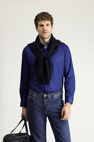  Koyu Lacivert Uzun Kol Slim Fit Dar Kesim Klasik Non Iron Saten Pamuklu Gömlek-Ki??l?