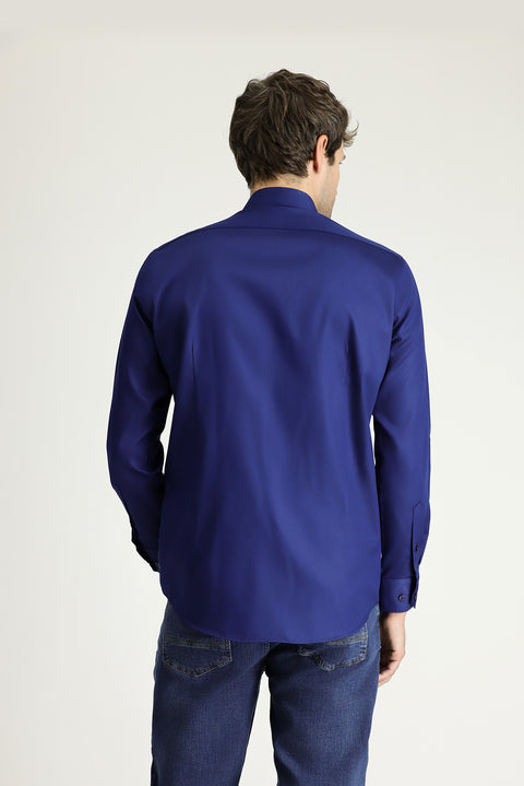 Koyu Lacivert Uzun Kol Slim Fit Dar Kesim Klasik Non Iron Saten Pamuklu Gömlek