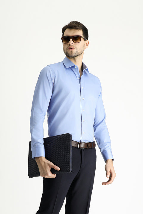 Gök Mavisi Uzun Kol Slim Fit Dar Kesim Klasik Non Iron Saten Pamuklu Gömlek