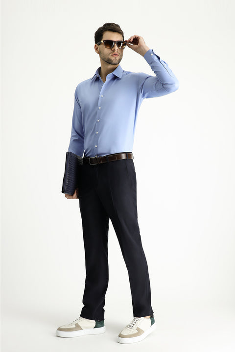 Gök Mavisi Uzun Kol Slim Fit Dar Kesim Klasik Non Iron Saten Pamuklu Gömlek