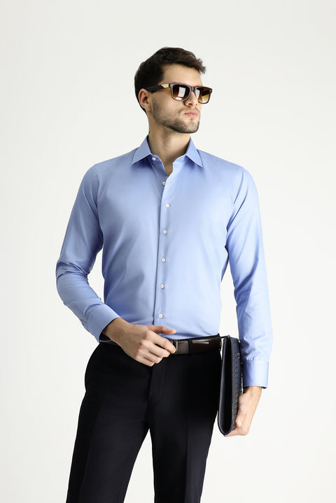 Gök Mavisi Uzun Kol Slim Fit Dar Kesim Klasik Non Iron Saten Pamuklu Gömlek