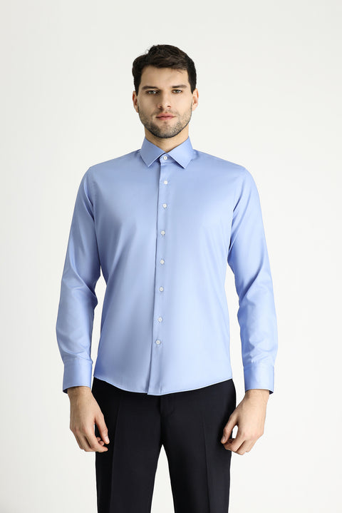 Gök Mavisi Uzun Kol Slim Fit Dar Kesim Klasik Non Iron Saten Pamuklu Gömlek