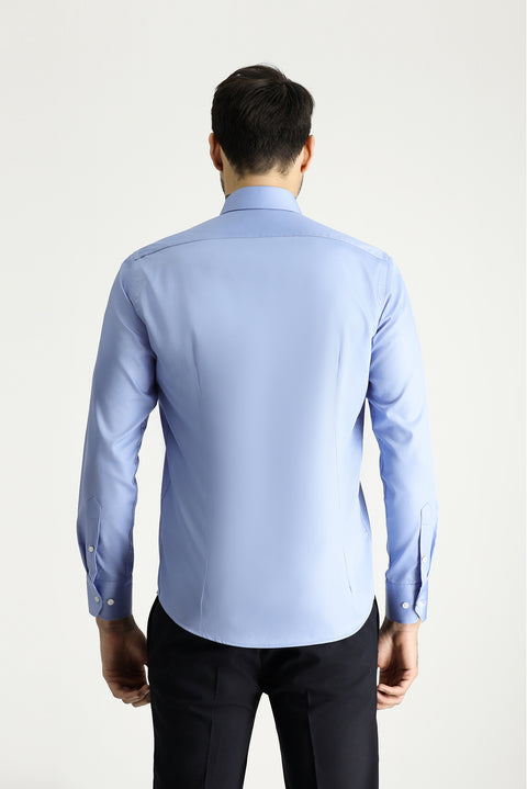 Gök Mavisi Uzun Kol Slim Fit Dar Kesim Klasik Non Iron Saten Pamuklu Gömlek