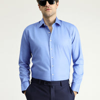 Aqua Mavisi Uzun Kol Slim Fit Dar Kesim Klasik Non Iron Saten Pamuklu Gömlek