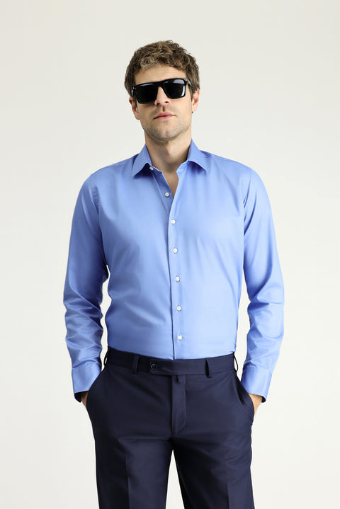 Aqua Mavisi Uzun Kol Slim Fit Dar Kesim Klasik Non Iron Saten Pamuklu Gömlek