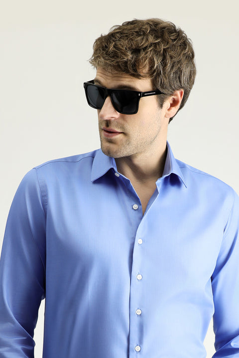 Aqua Mavisi Uzun Kol Slim Fit Dar Kesim Klasik Non Iron Saten Pamuklu Gömlek