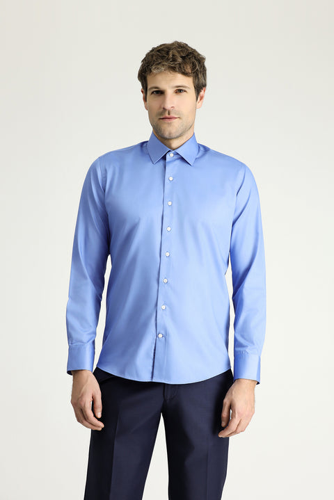 Aqua Mavisi Uzun Kol Slim Fit Dar Kesim Klasik Non Iron Saten Pamuklu Gömlek