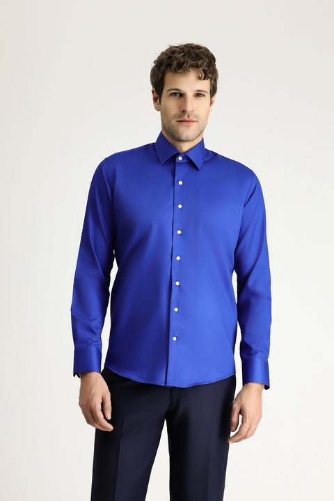 Saks Mavi Uzun Kol Slim Fit Dar Kesim Klasik Non Iron Saten Pamuklu Gömlek