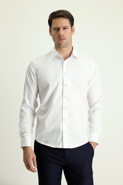 White Long Sleeve Slim Fit Classic Non-Iron Satin Cotton Shirt