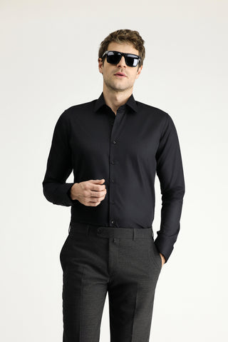  Siyah Uzun Kol Slim Fit Dar Kesim Klasik Non Iron Saten Pamuklu Gömlek