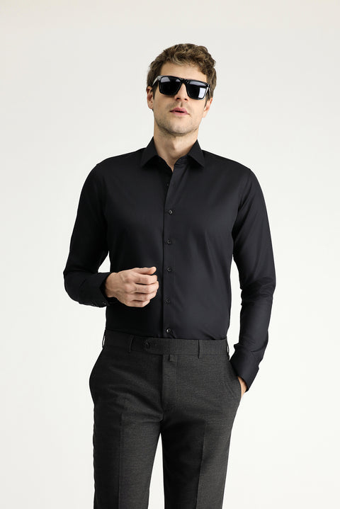 Siyah Uzun Kol Slim Fit Dar Kesim Klasik Non Iron Saten Pamuklu Gömlek