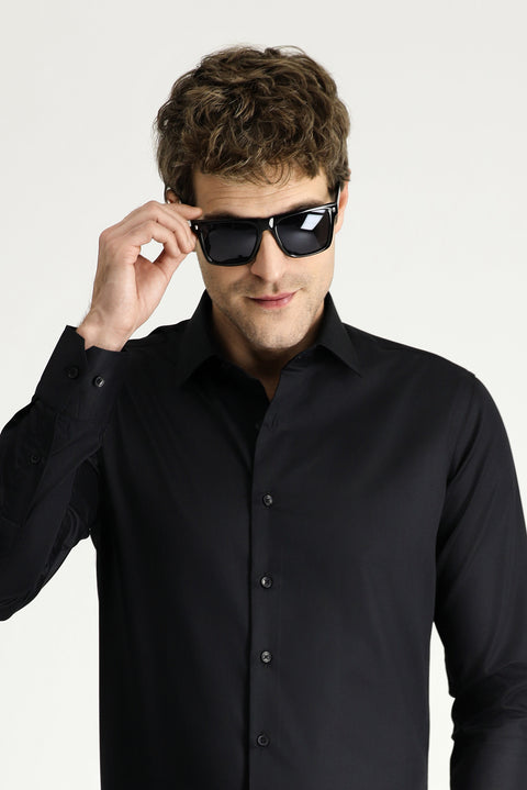 Siyah Uzun Kol Slim Fit Dar Kesim Klasik Non Iron Saten Pamuklu Gömlek