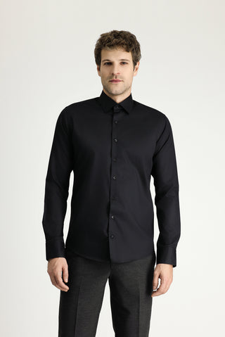  Siyah Uzun Kol Slim Fit Dar Kesim Klasik Non Iron Saten Pamuklu Gömlek