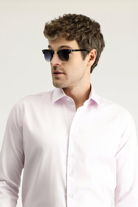 Toz Pembe Uzun Kol Slim Fit Dar Kesim Non Iron Saten Klasik Pamuklu Gömlek