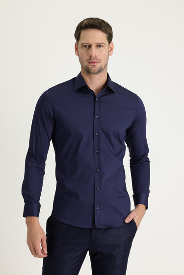 Koyu Lacivert Uzun Kol Super Slim Fit Ekstra Dar Kesim Klasik Gömlek