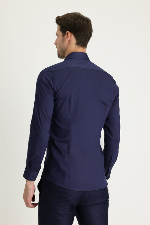 Koyu Lacivert Uzun Kol Super Slim Fit Ekstra Dar Kesim Klasik Pamuklu Gömlek