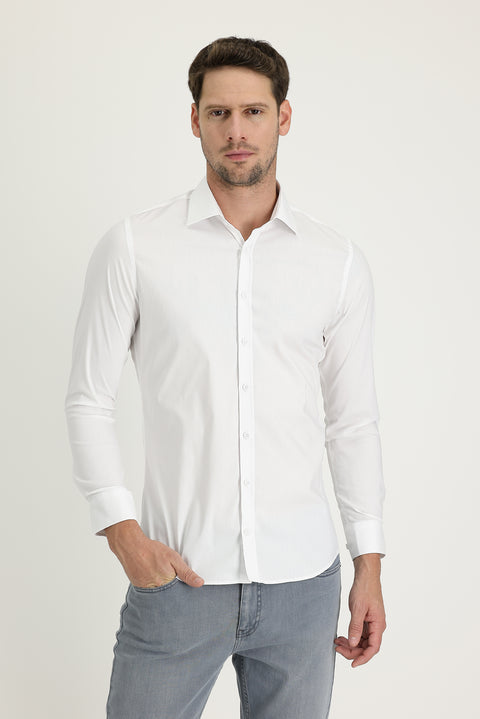 Beyaz Uzun Kol Super Slim Fit Ekstra Dar Kesim Klasik Pamuklu Gömlek