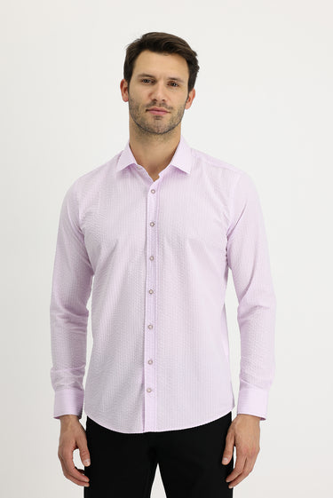 Toz Pembe Uzun Kol Slim Fit Dar Kesim Çizgili Pamuk Gömlek