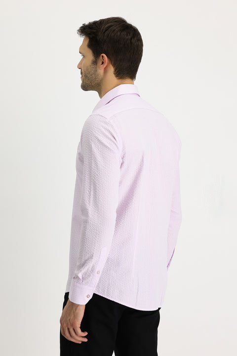 Toz Pembe Uzun Kol Slim Fit Dar Kesim Çizgili Pamuk Gömlek