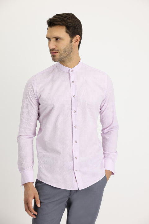 Toz Pembe Uzun Kol Hakim Yaka Regular Fit Çizgili Pamuk Gömlek