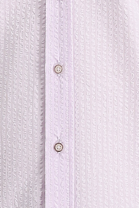 Dusty Pink Long Sleeve Mandarin Collar Regular Fit Striped Cotton Shirt
