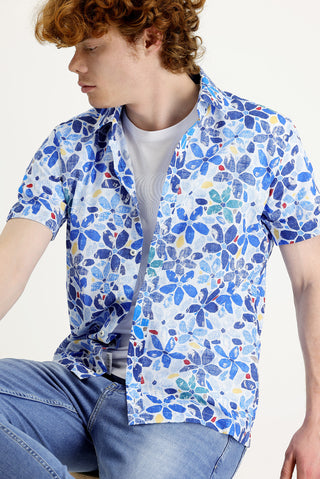  Mavi Kısa Kol Slim Fit Dar Kesim Baskılı Pamuk Gömlek