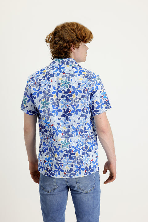 Mavi Kısa Kol Slim Fit Dar Kesim Baskılı Pamuk Gömlek