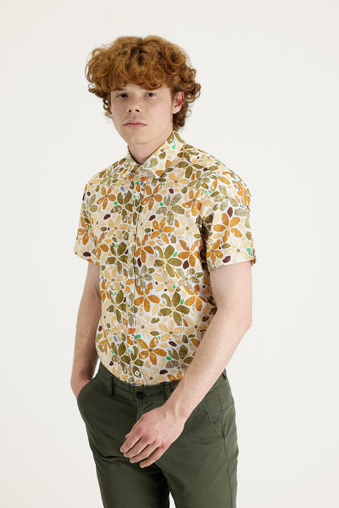 Açık Kahve  Kısa Kol Slim Fit Dar Kesim Baskılı Pamuk Gömlek