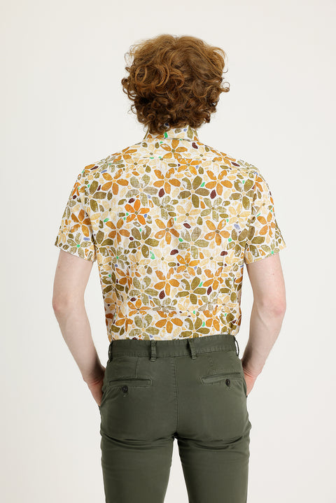 Açık Kahve  Kısa Kol Slim Fit Dar Kesim Baskılı Pamuk Gömlek