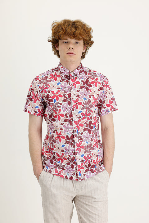 Koyu Bordo Kısa Kol Slim Fit Dar Kesim Baskılı Pamuk Gömlek