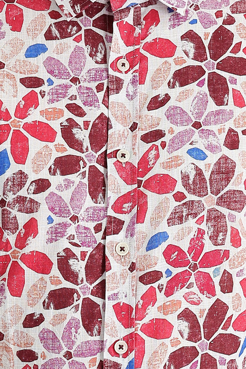 Koyu Bordo Kısa Kol Slim Fit Dar Kesim Baskılı Pamuk Gömlek