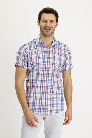  Mavi Kısa Kol Slim Fit Dar Kesim Ekose Pamuklu Gömlek