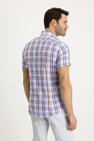  Mavi Kısa Kol Slim Fit Dar Kesim Ekose Pamuklu Gömlek