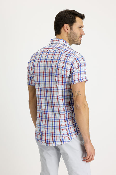 Mavi Kısa Kol Slim Fit Dar Kesim Ekose Pamuklu Gömlek