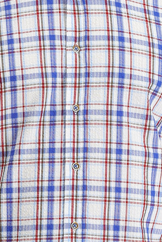  Mavi Kısa Kol Slim Fit Dar Kesim Ekose Pamuklu Gömlek