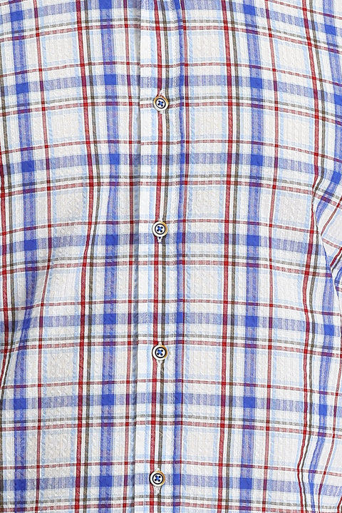 Mavi Kısa Kol Slim Fit Dar Kesim Ekose Pamuklu Gömlek